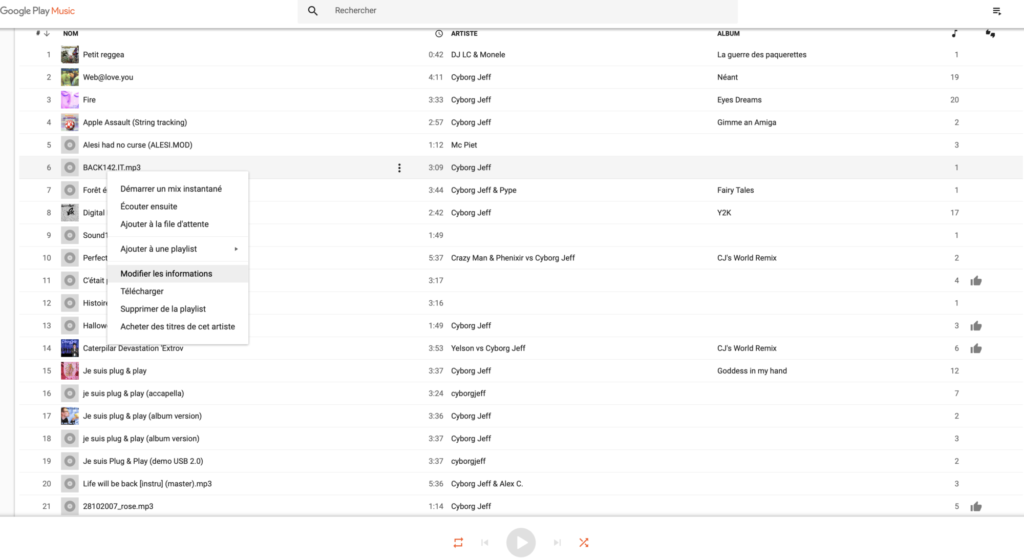 Avec Google Play Music, je pouvais modifier les informations des morceaux de ma collection personnelle