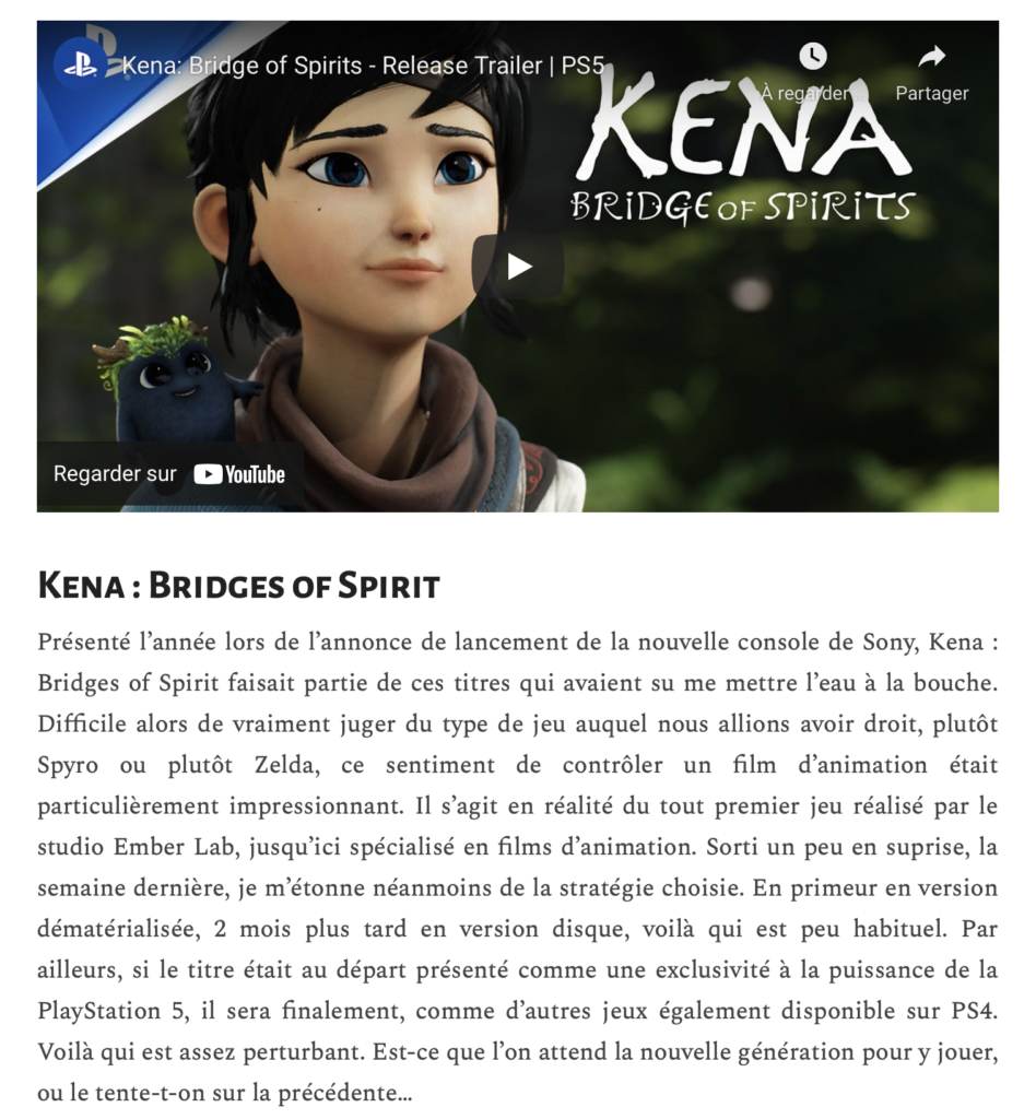 Présenté l’année lors de l’annonce de lancement de la nouvelle console de Sony, Kena : Bridges of Spirit faisait partie de ces titres qui avaient su me mettre l’eau à la bouche. - Les Mondes de Cyborg Jeff