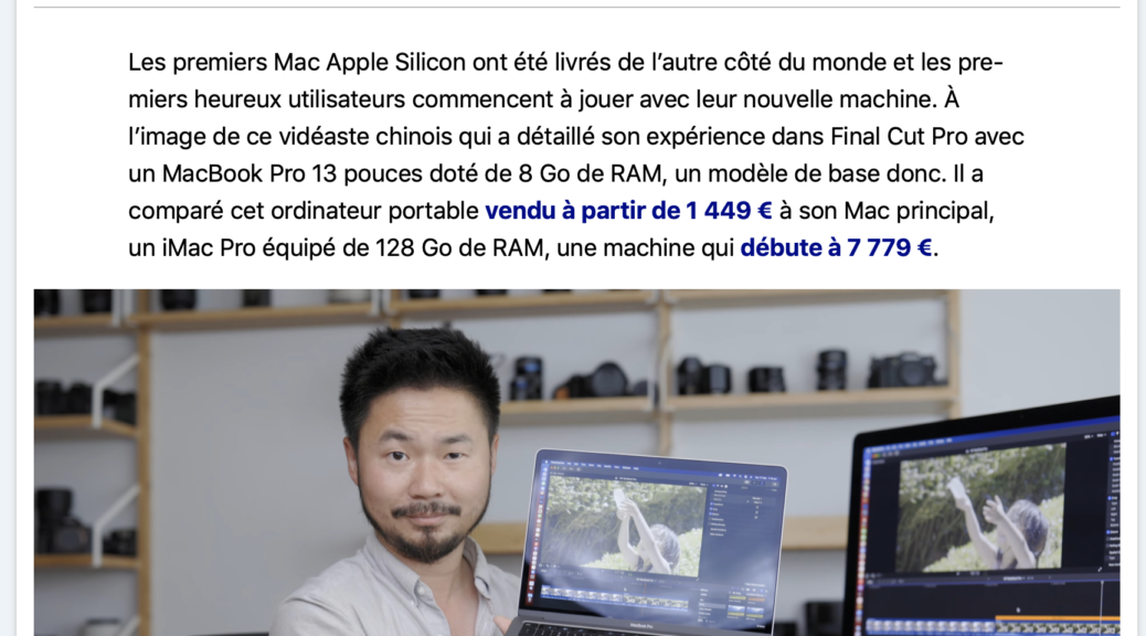 Apple M1 : le MacBook Pro fait mieux qu’un iMac Pro dans Final Cut Pro Nicolas Furno | 17/11/2020 à 08:37